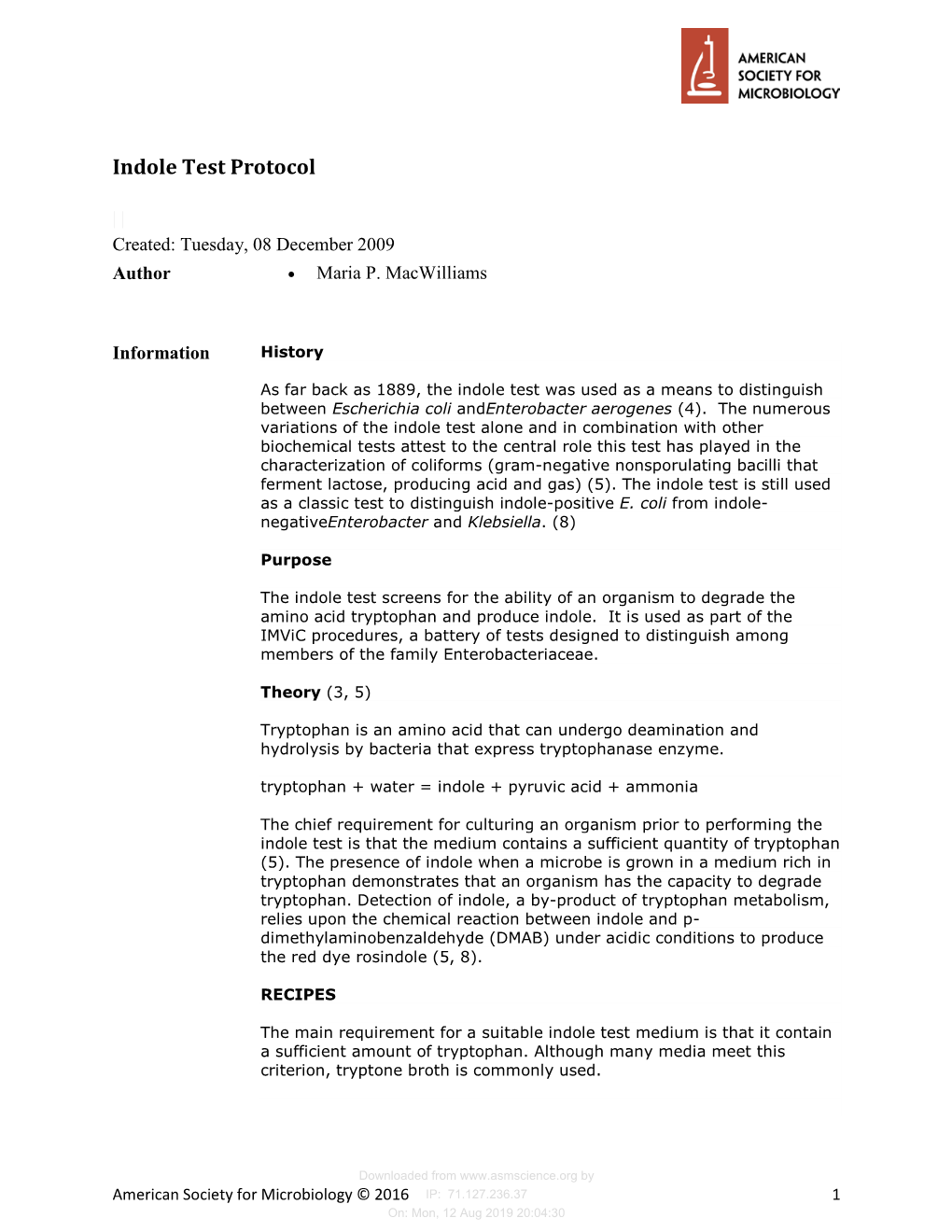 Indole Test Protocol