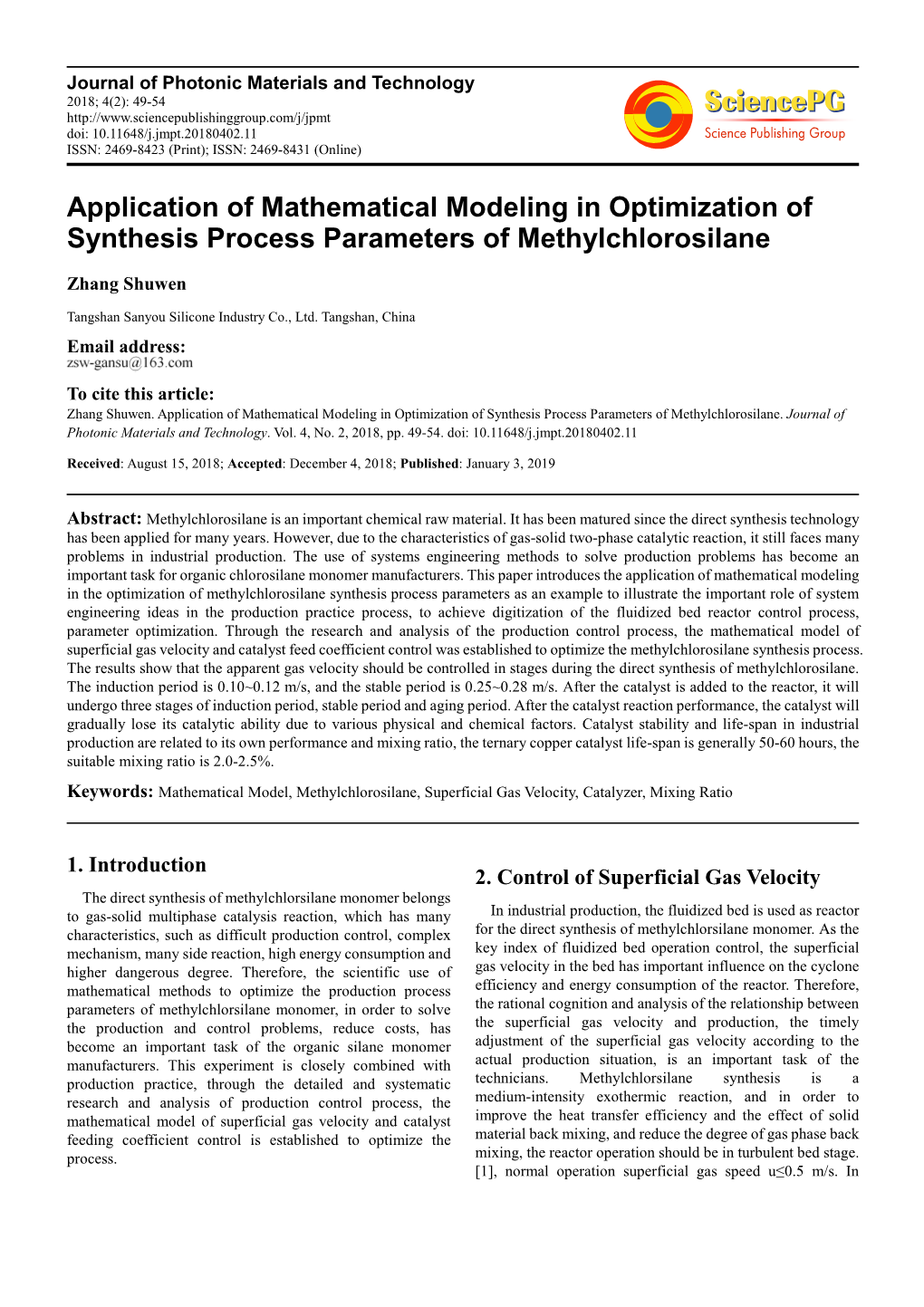 Application of Mathematical Modeling in Optimization of Synthesis Process Parameters of Methylchlorosilane