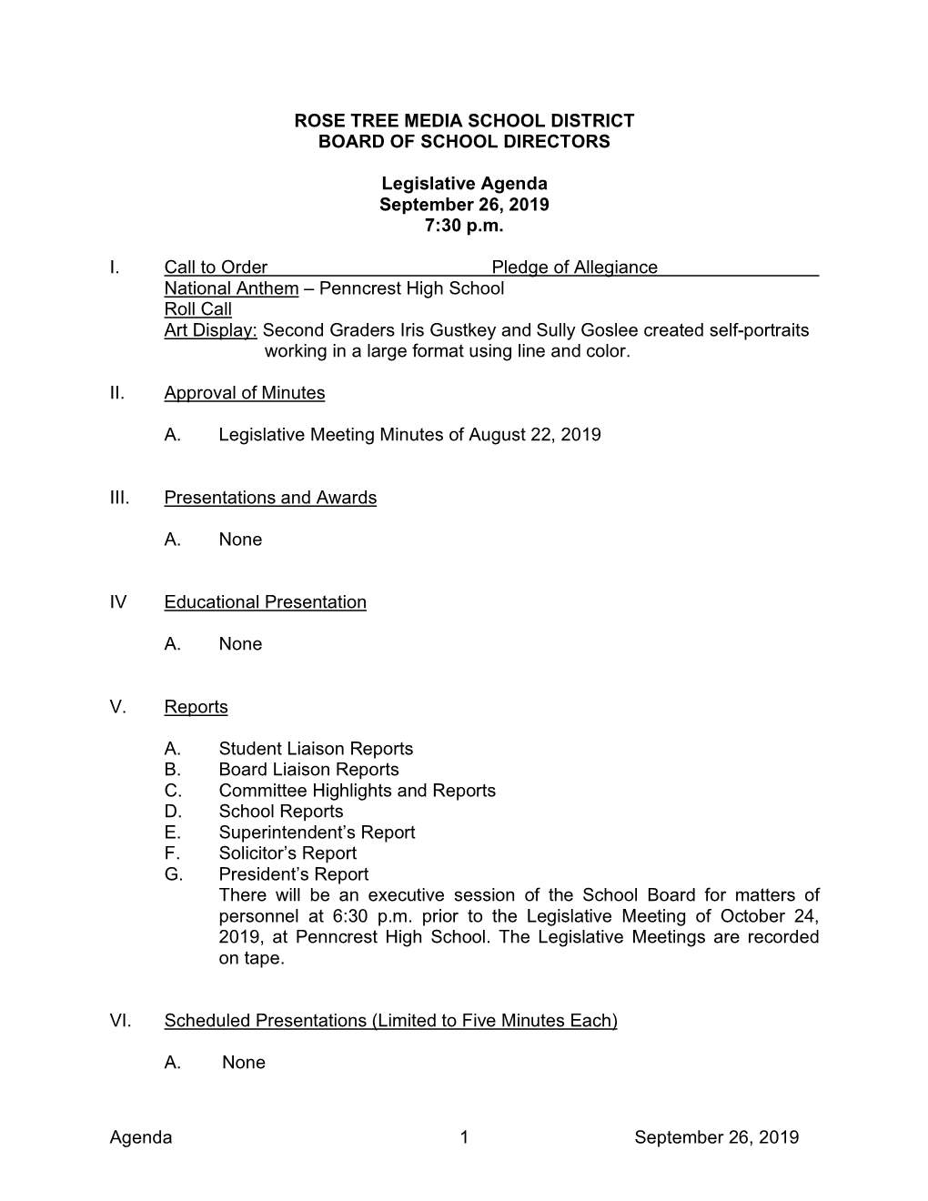 Agenda September 26, 2019 1 ROSE TREE MEDIA SCHOOL DISTRICT BOARD of SCHOOL DIRECTORS Legislative Agenda September 26, 2019