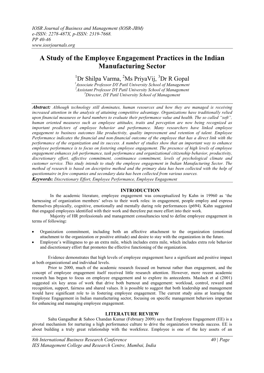 A Study of the Employee Engagement Practices in the Indian Manufacturing Sector