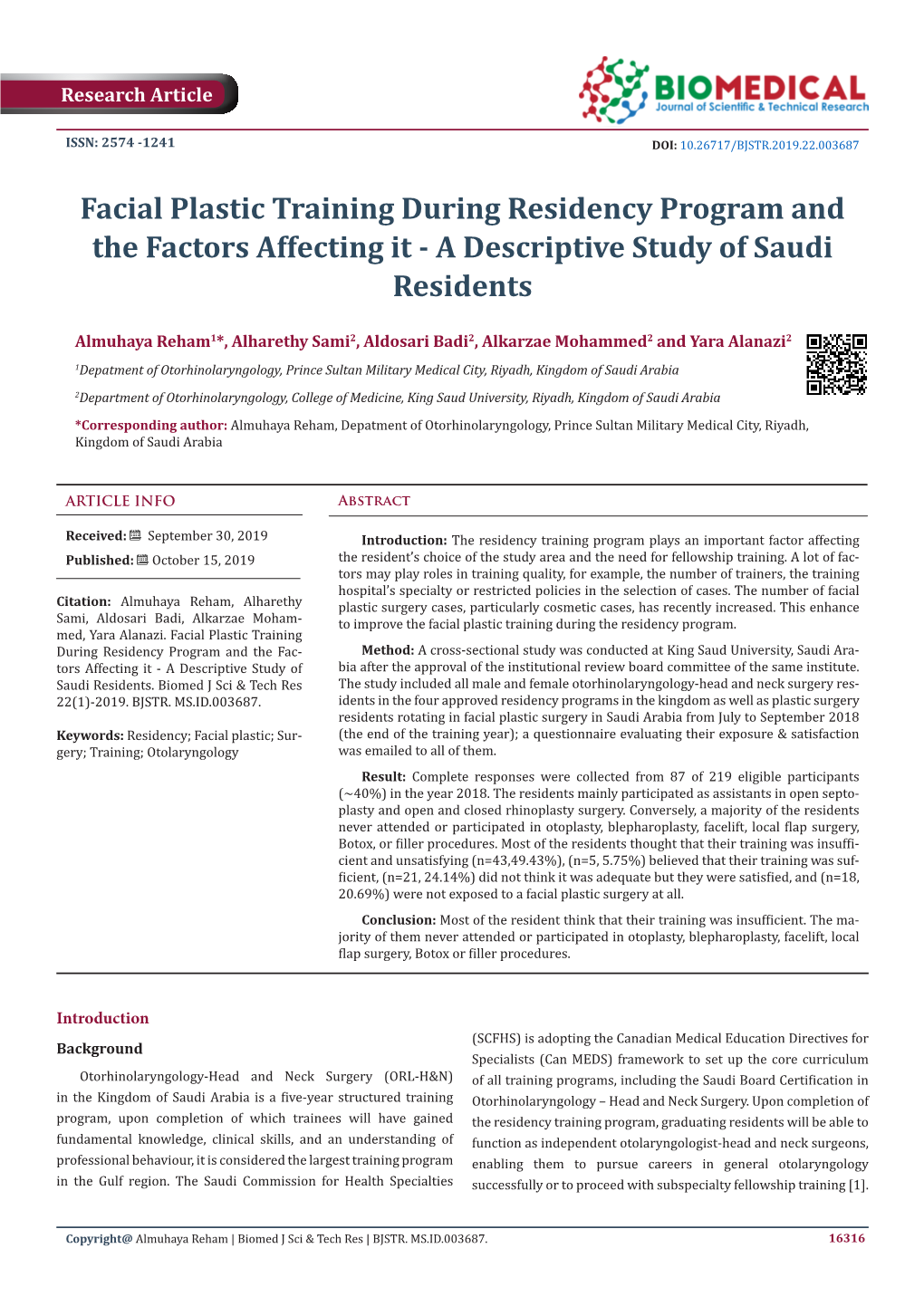 Facial Plastic Training During Residency Program and the Factors Affecting It - a Descriptive Study of Saudi Residents