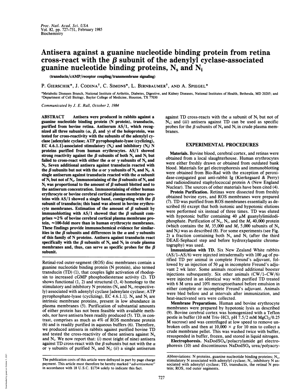 Guanine Nucleotide Binding Proteins, N, and Ni (Transducin/Camp/Receptor Coupling/Transmembrane Signaling) P