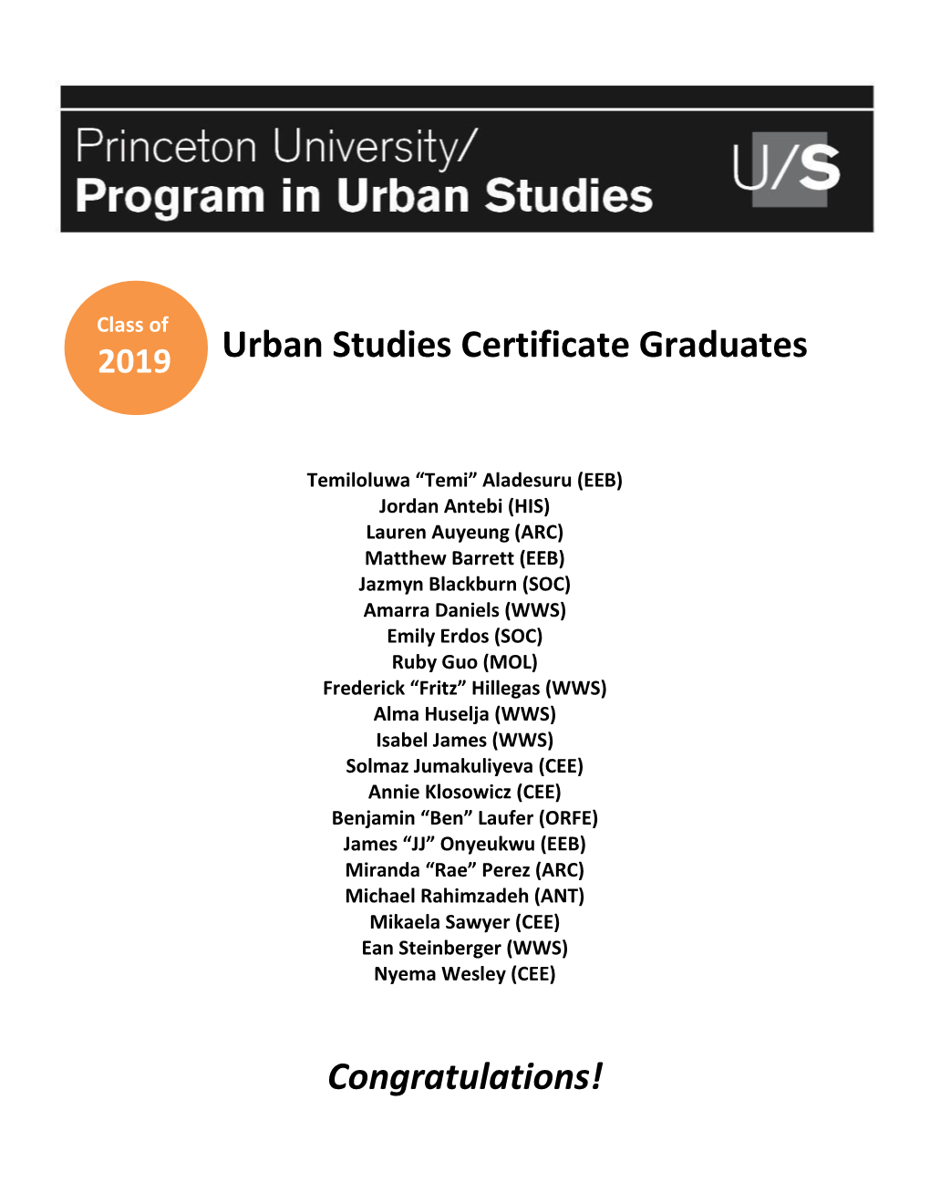 Urban Studies Certificate Graduates Congratulations!