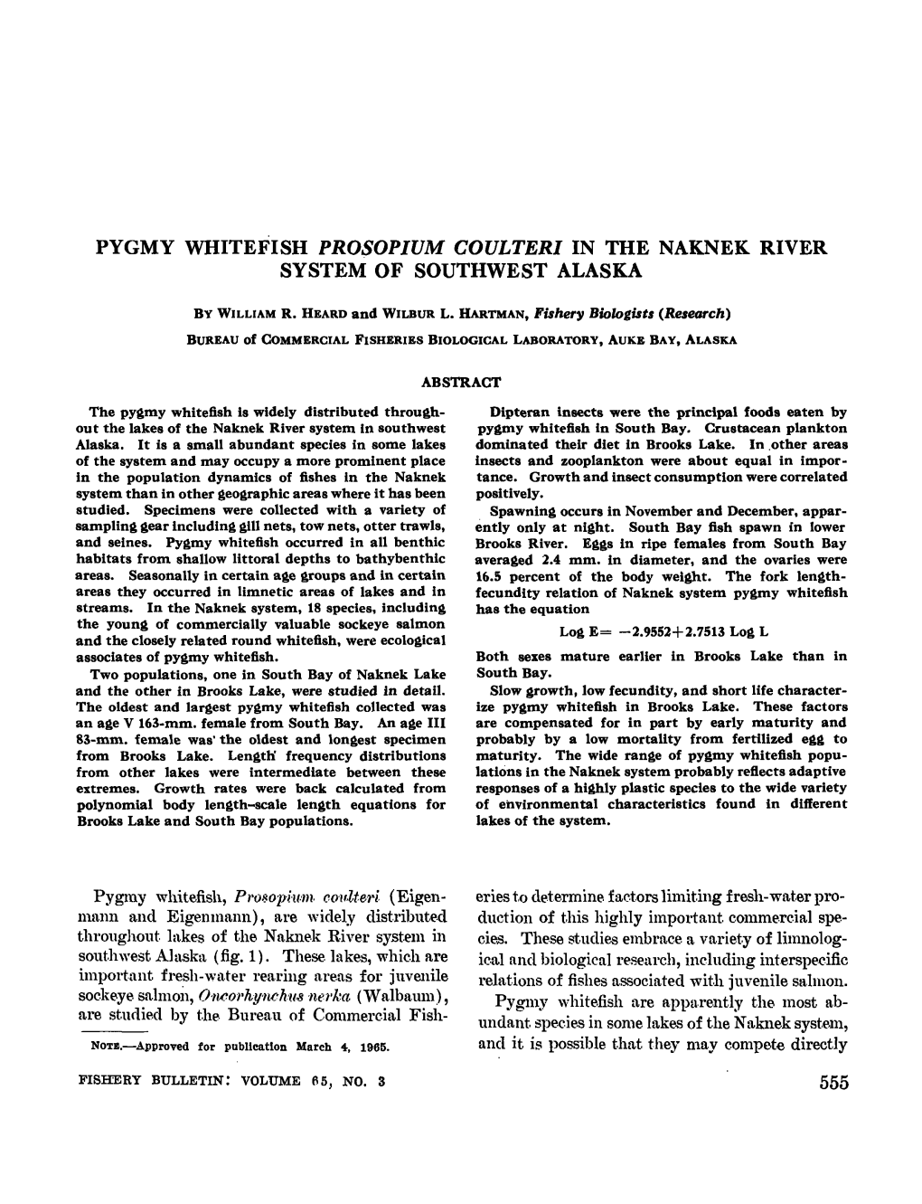 Pygmy Whitefish Prosopium Coulteri in the Naknek River System of Southwest Alaska