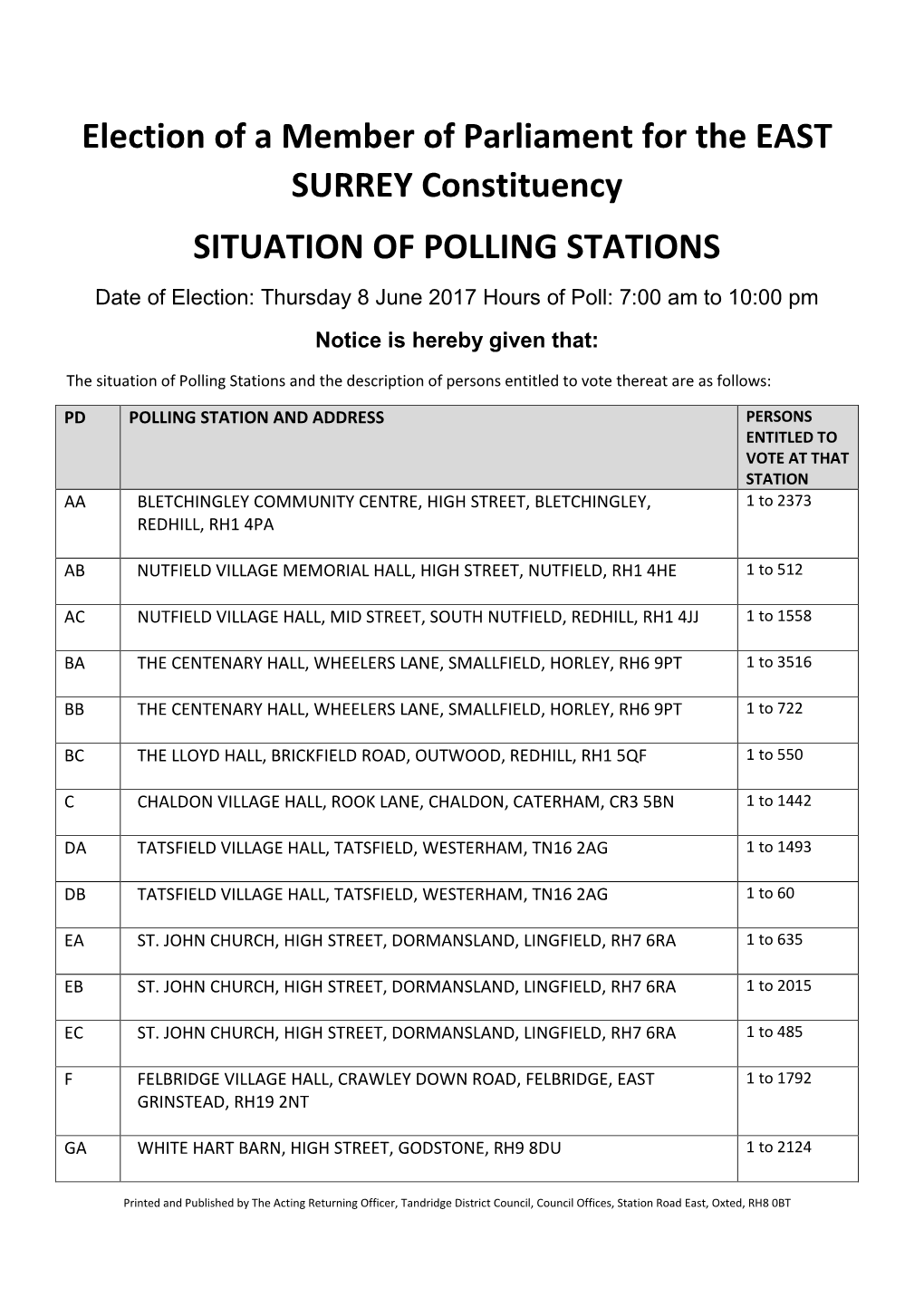 SITUATION of POLLING STATIONS Date of Election: Thursday 8 June 2017 Hours of Poll: 7:00 Am to 10:00 Pm