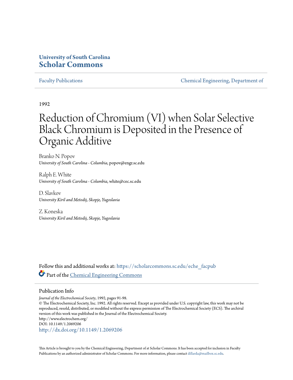 Reduction of Chromium (VI) When Solar Selective Black Chromium Is Deposited in the Presence of Organic Additive Branko N