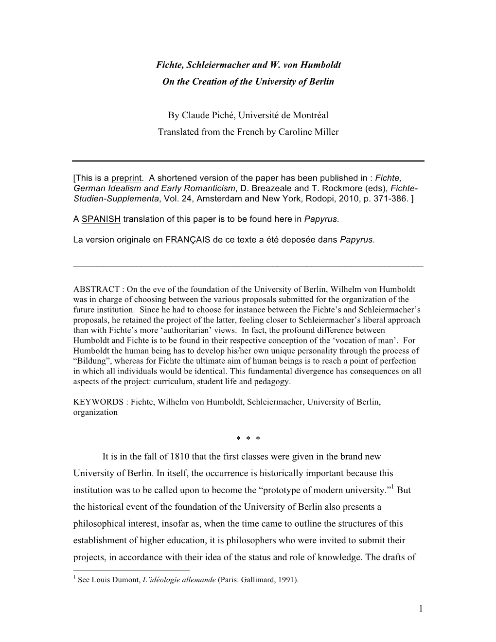 1 Fichte, Schleiermacher and W. Von Humboldt on the Creation of The