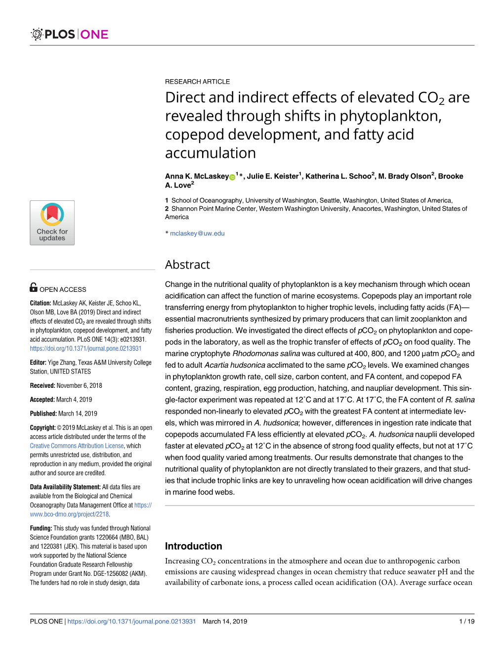 Direct and Indirect Effects of Elevated CO2 Are Revealed Through Shifts in Phytoplankton, Copepod Development, and Fatty Acid Accumulation