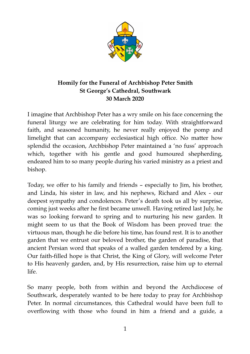 Homily for the Funeral of Archbishop Peter Smith St George’S Cathedral, Southwark 30 March 2020