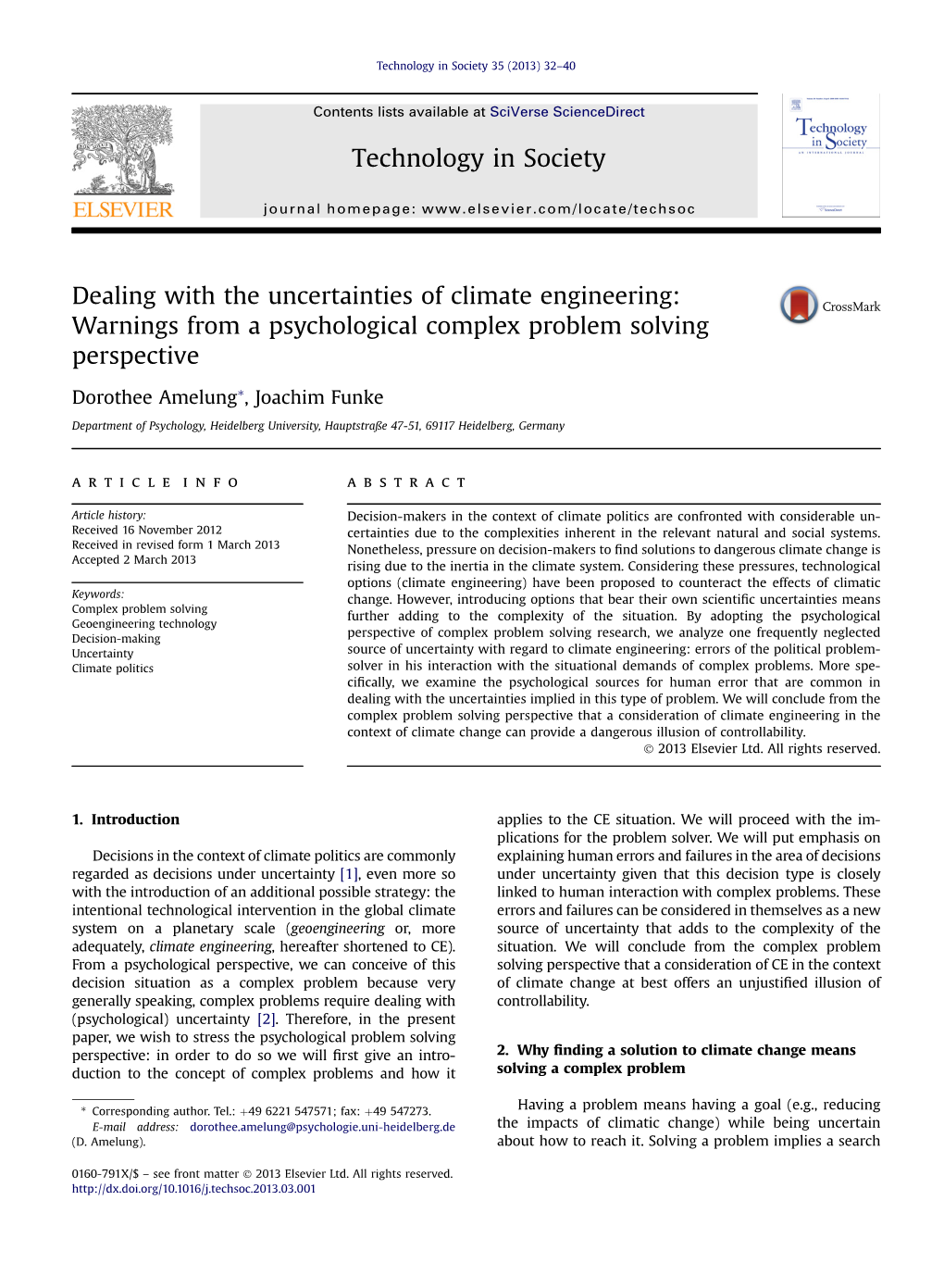 Dealing with the Uncertainties of Climate Engineering: Warnings from a Psychological Complex Problem Solving Perspective