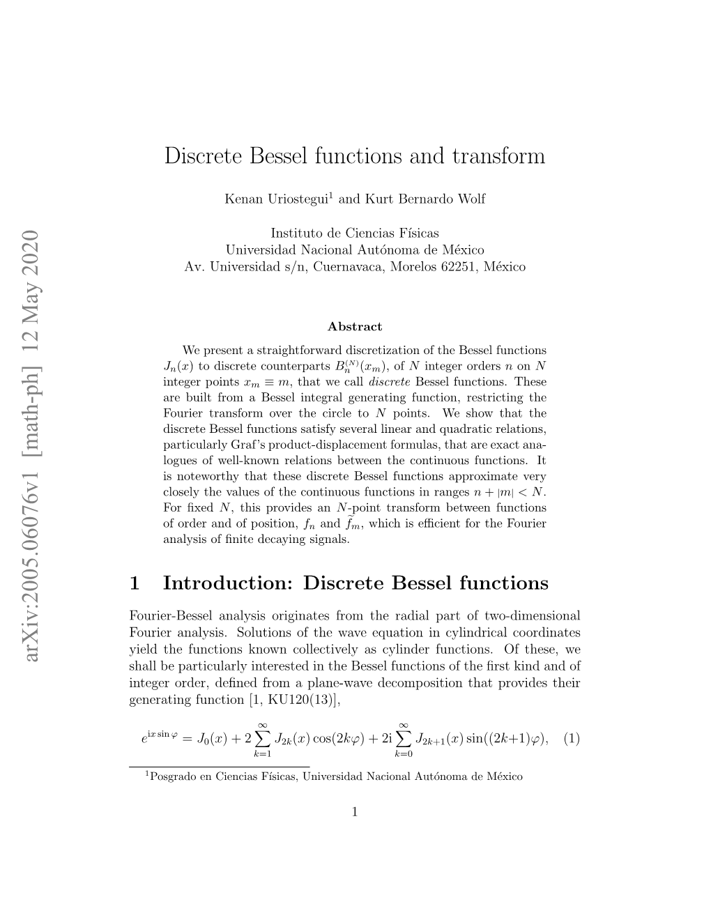 Discrete Bessel Functions and Transform Arxiv:2005.06076V1 [Math-Ph]