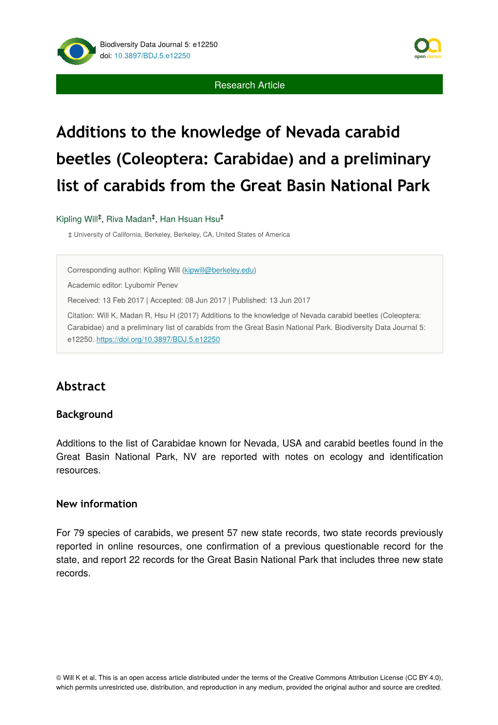 Additions to the Knowledge of Nevada Carabid Beetles (Coleoptera: Carabidae) and a Preliminary List of Carabids from the Great Basin National Park