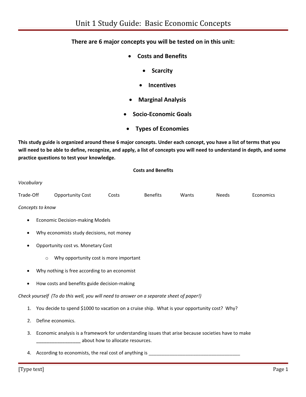 Unit 1 Study Guide: Basic Economic Concepts