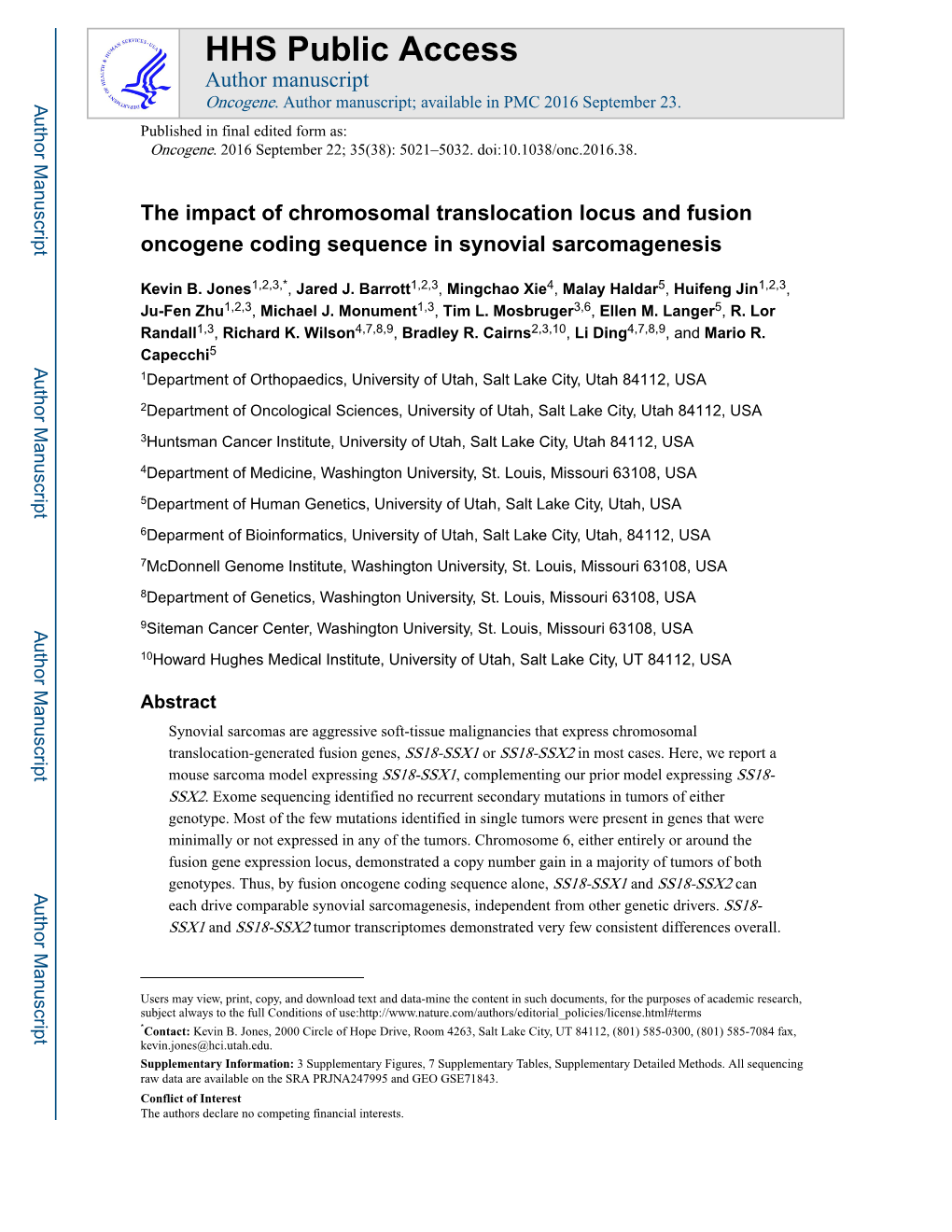 The Impact of Chromosomal Translocation Locus and Fusion Oncogene Coding Sequence in Synovial Sarcomagenesis