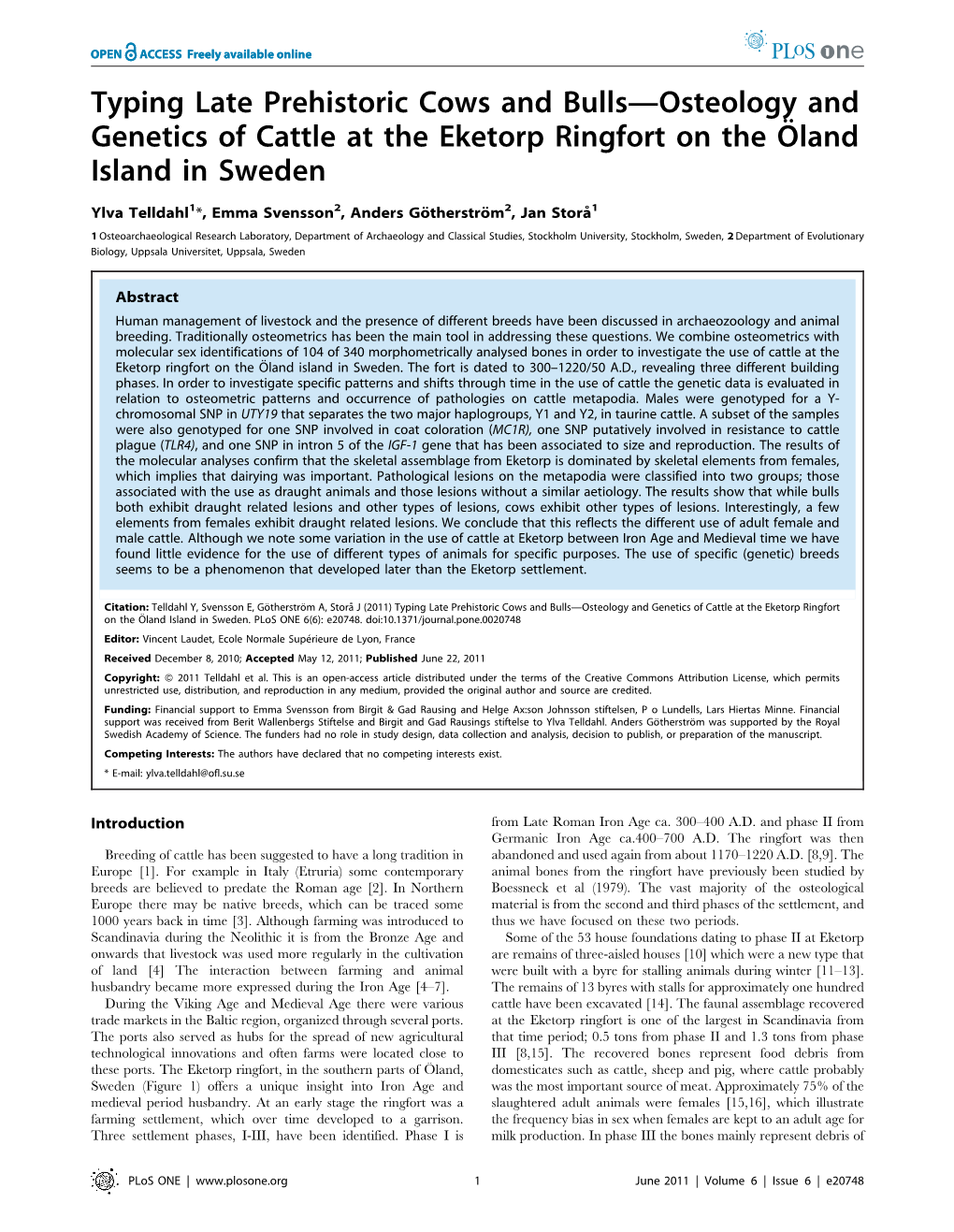 Typing Late Prehistoric Cows and Bulls—Osteology and Genetics of Cattle at the Eketorp Ringfort on the O¨ Land Island in Sweden