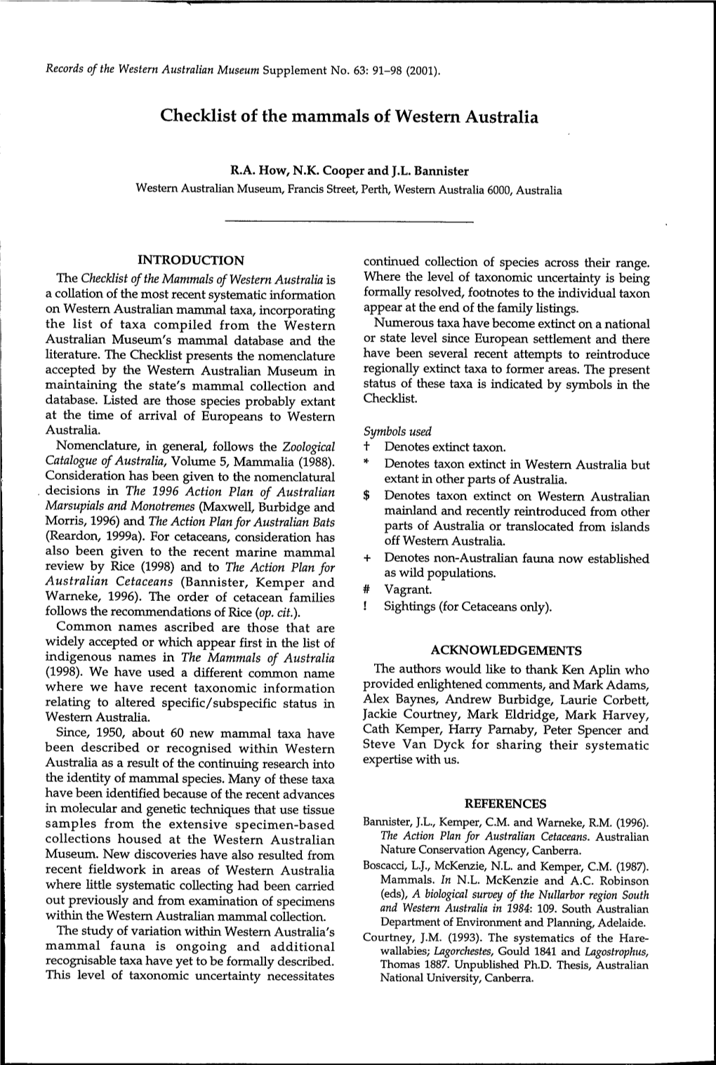 Checklist of the Mammals of Western Australia