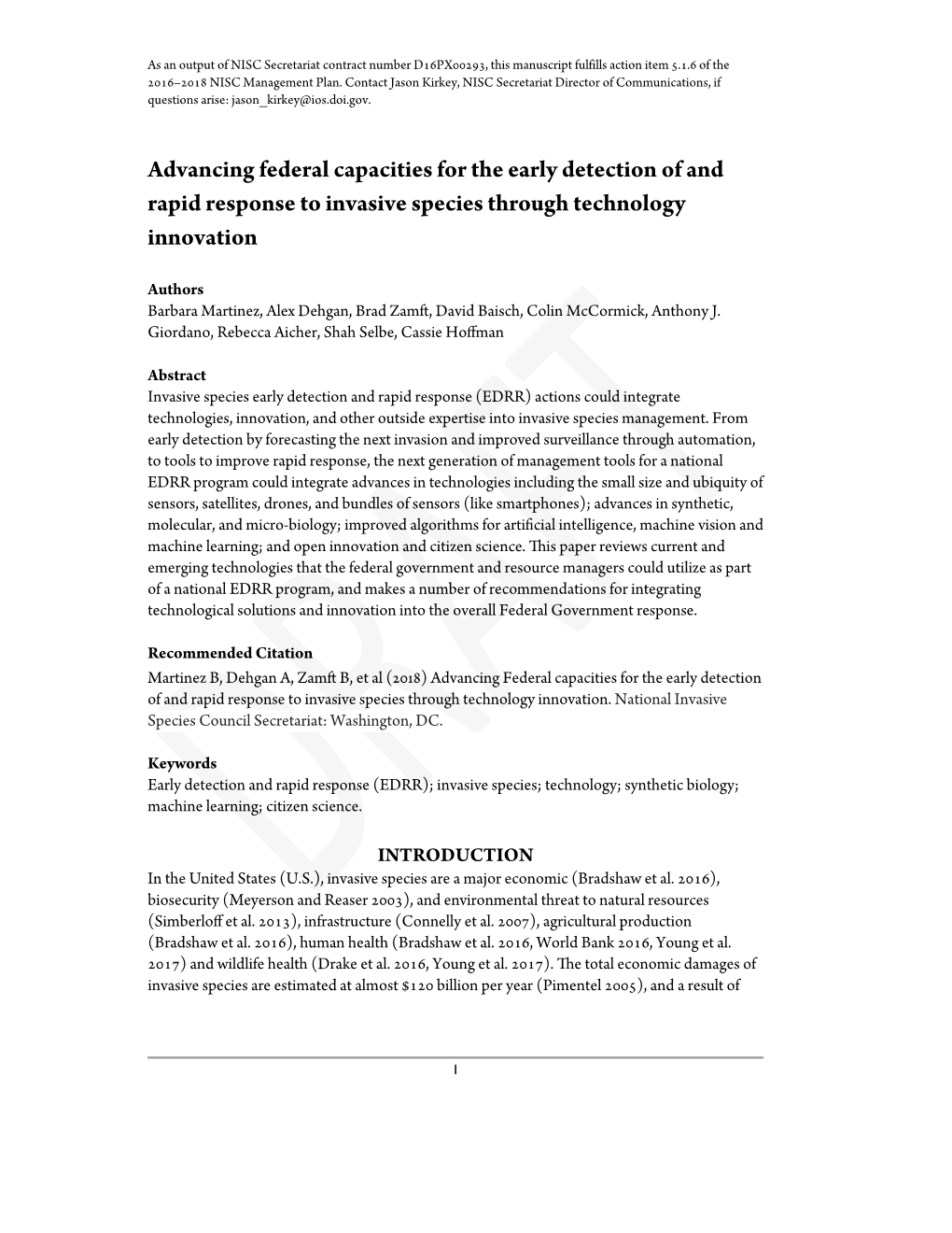 Advancing Federal Capacities for the Early Detection of and Rapid Response to Invasive Species Through Technology Innovation