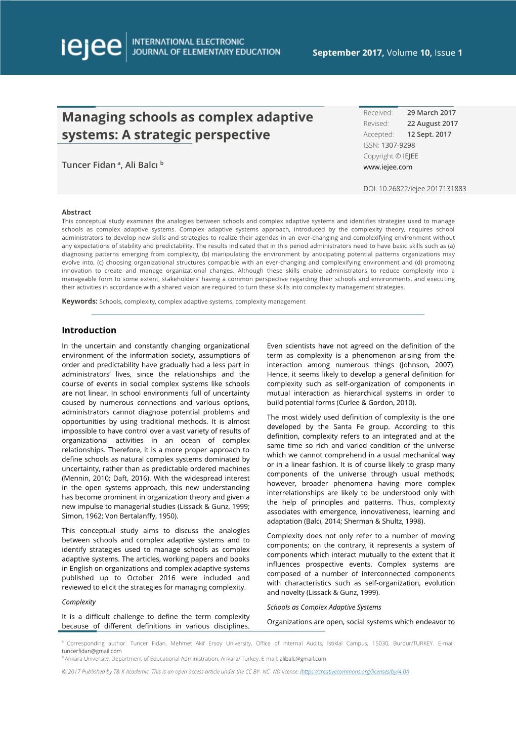 Managing Schools As Complex Adaptive Systems / Fidan & Balcı