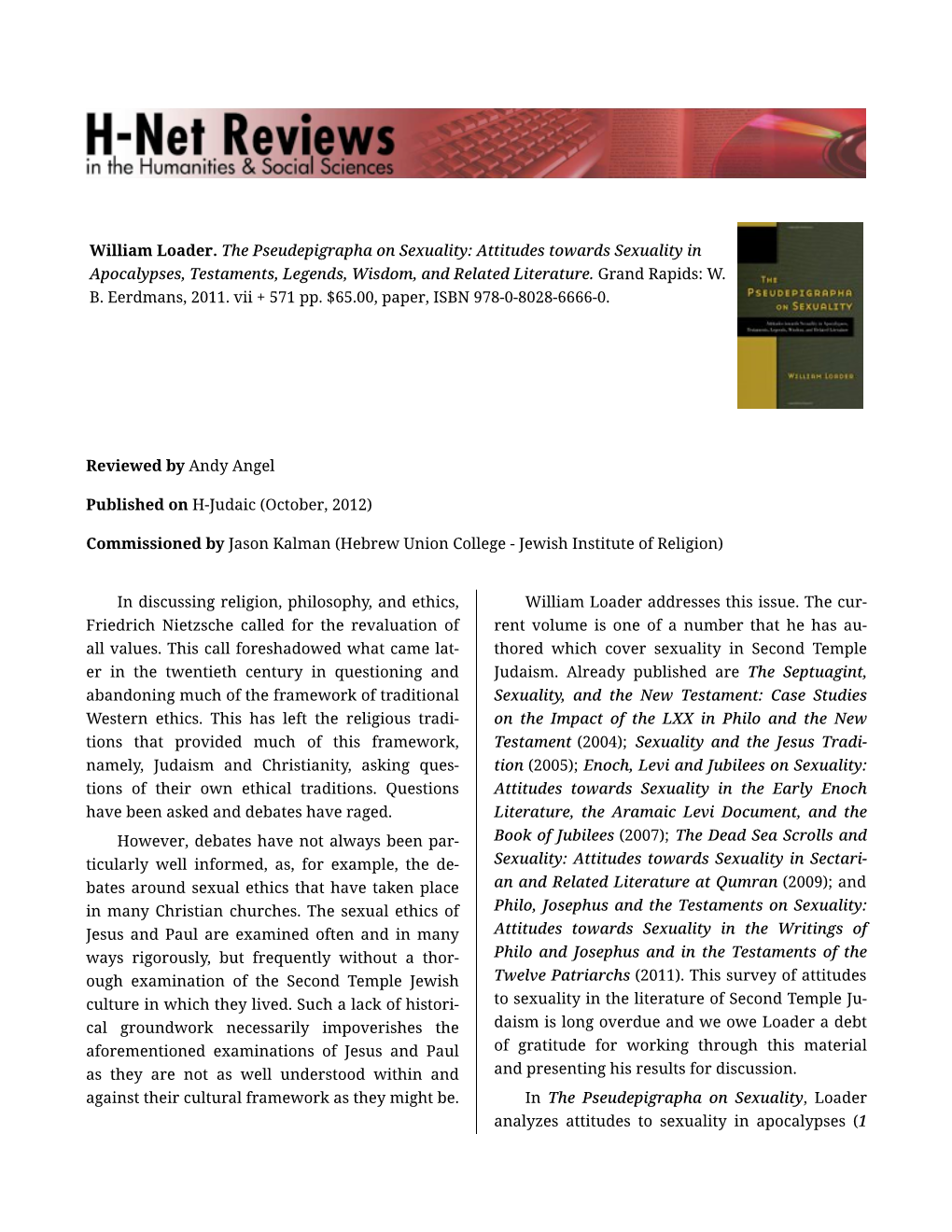 The Pseudepigrapha on Sexuality: Attitudes Towards Sexuality in Apocalypses, Testaments, Legends, Wisdom, and Related Literature