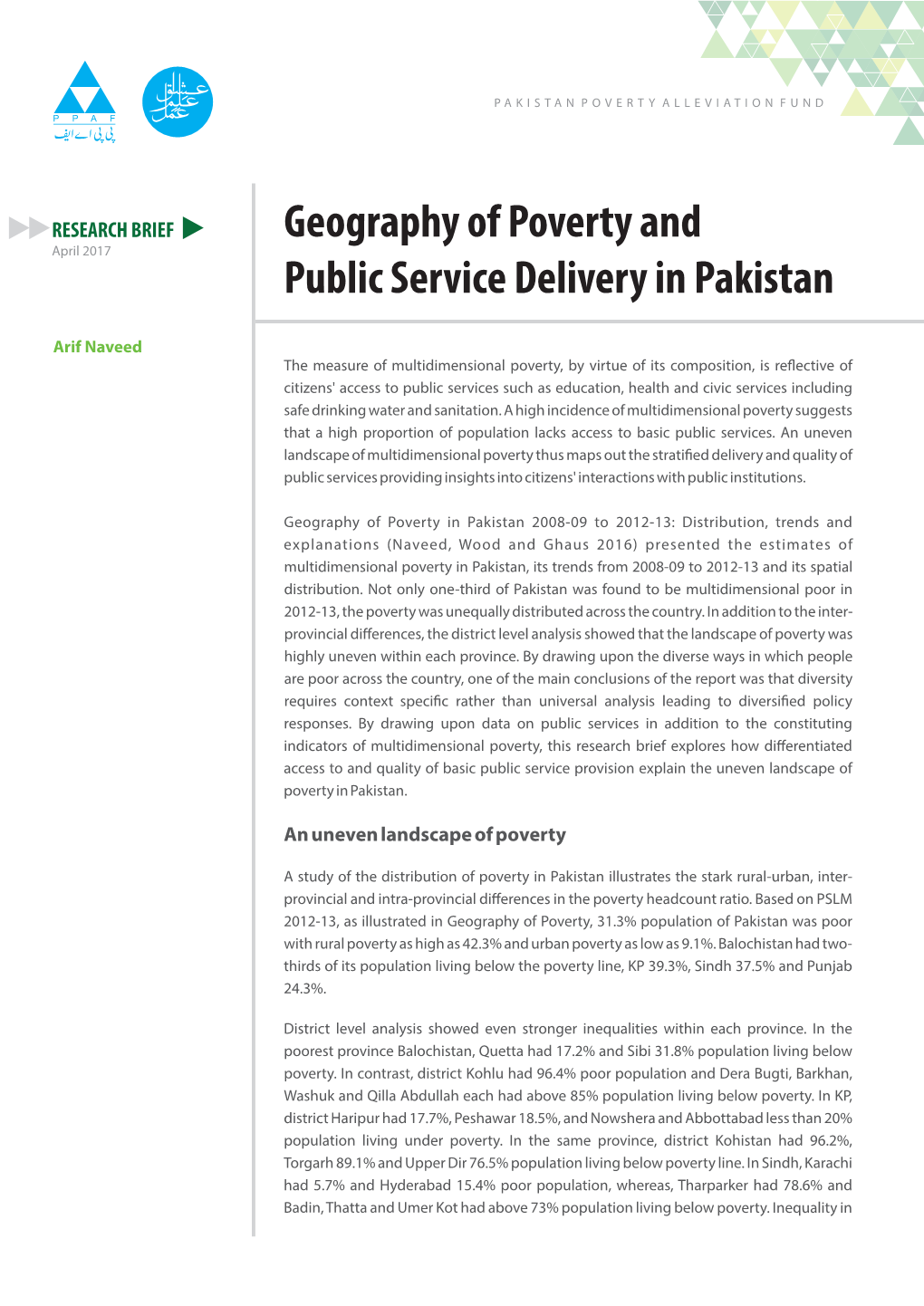 Geography of Poverty and Public Service Delivery in Pakistan