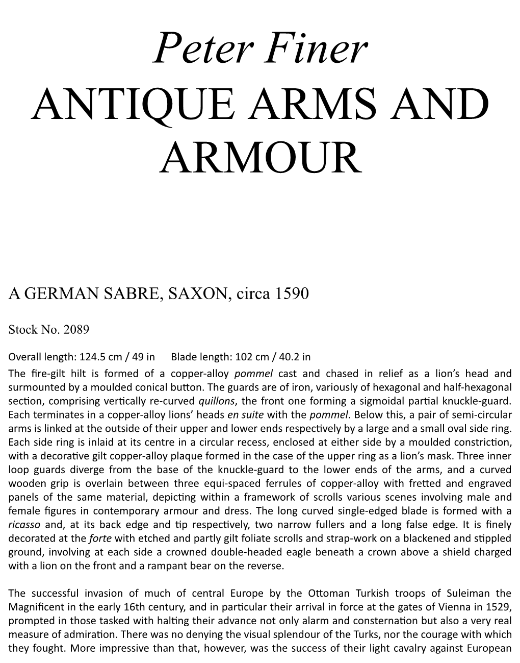 Peter Finer ANTIQUE ARMS and ARMOUR