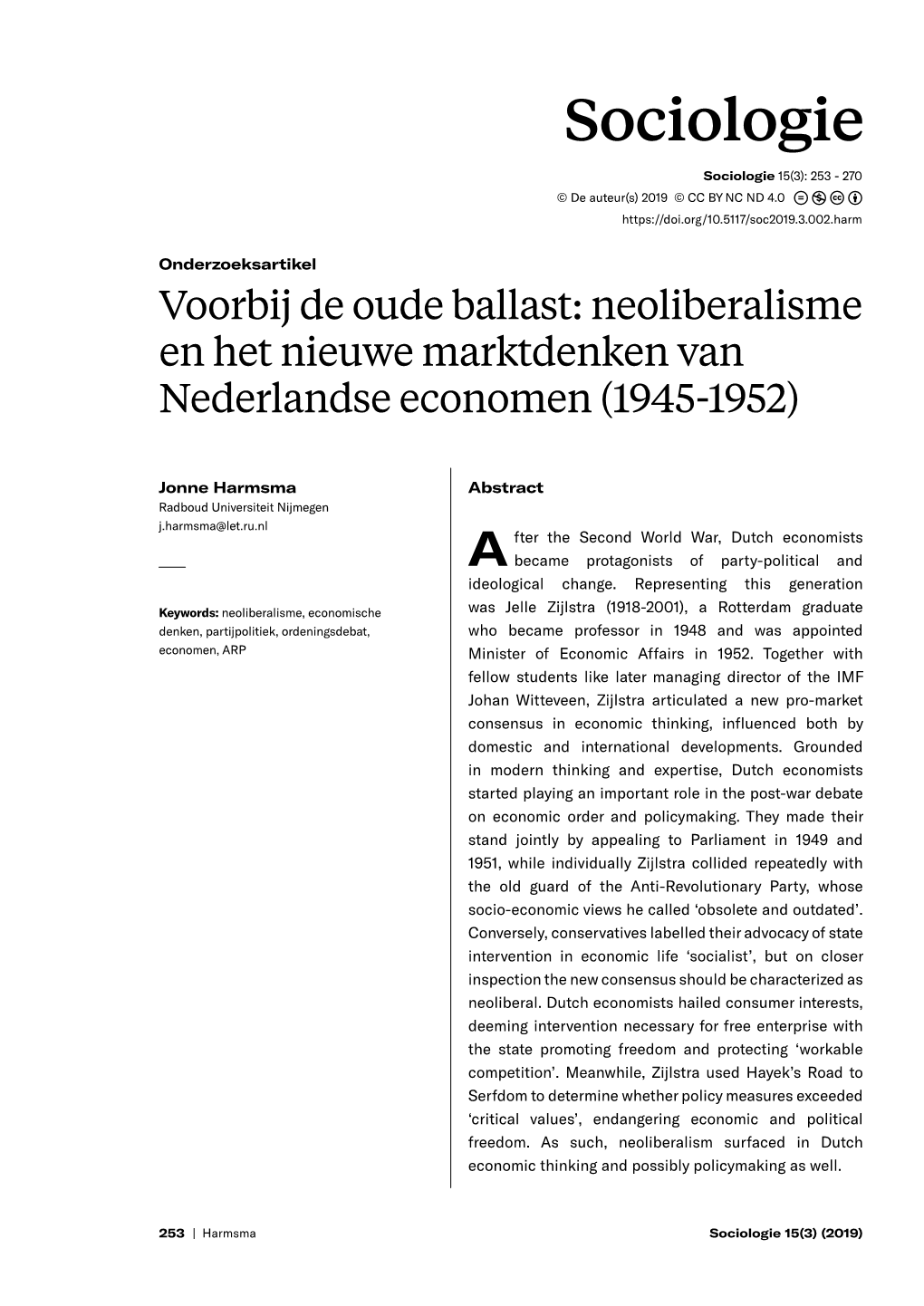 Neoliberalisme En Het Nieuwe Marktdenken Van Nederlandse Economen (1945-1952)