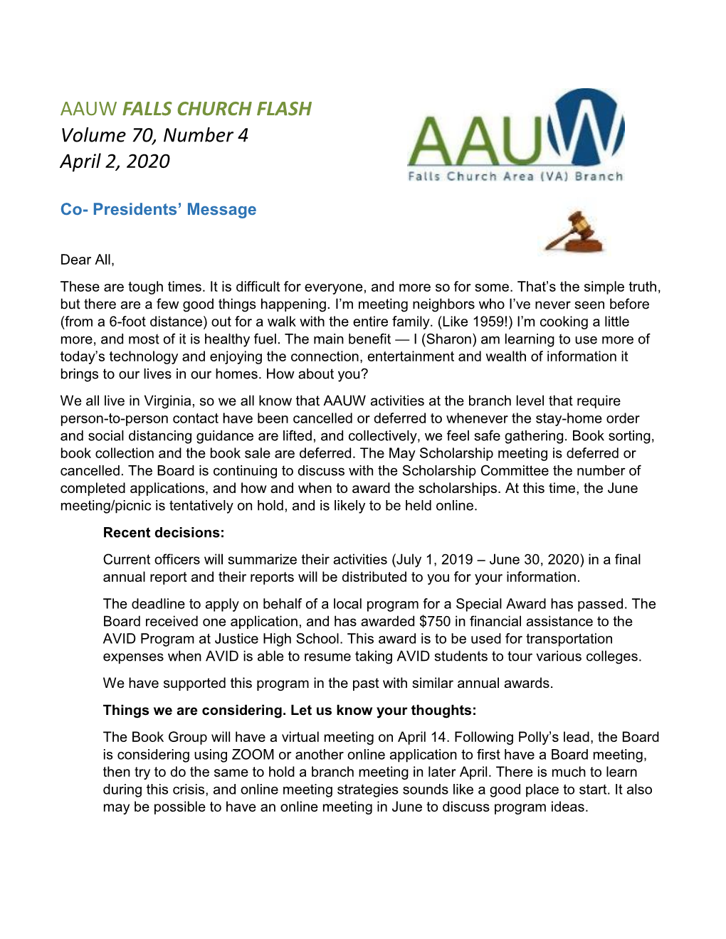 AAUW FALLS CHURCH FLASH Volume 70, Number 4 April 2, 2020