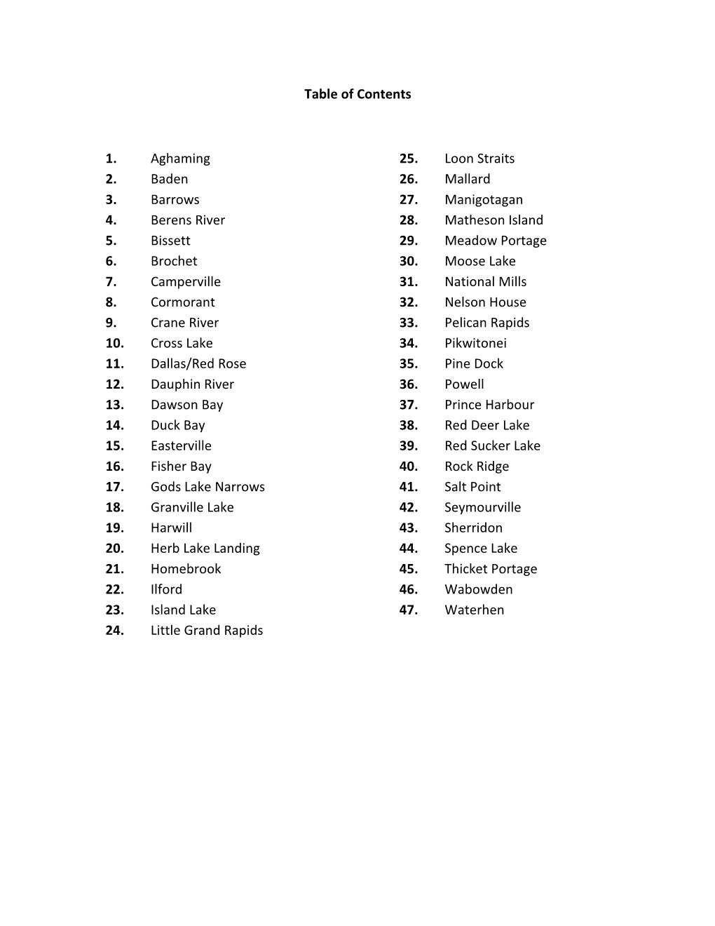 Table of Contents 1. Aghaming 2. Baden 3. Barrows 4. Berens River 5