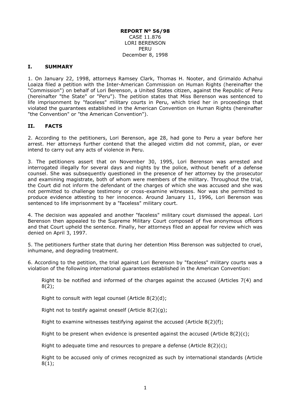 REPORT Nº 56/98 CASE 11.876 LORI BERENSON PERU December 8, 1998