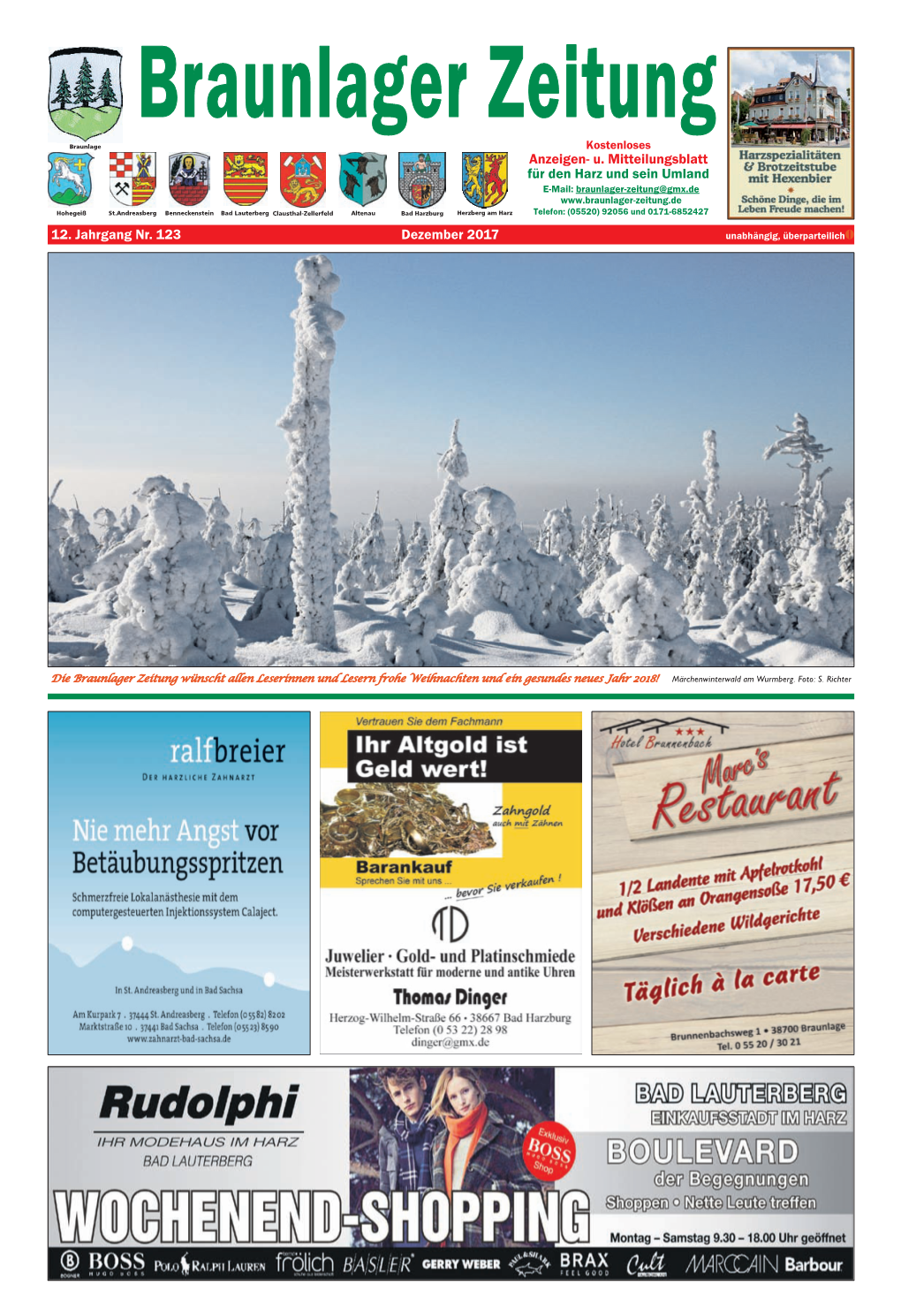 12. Jahrgang Nr. 123 Dezember 2017 Anzeigen- U. Mitteilungsblatt Für Den Harz Und Sein Umland