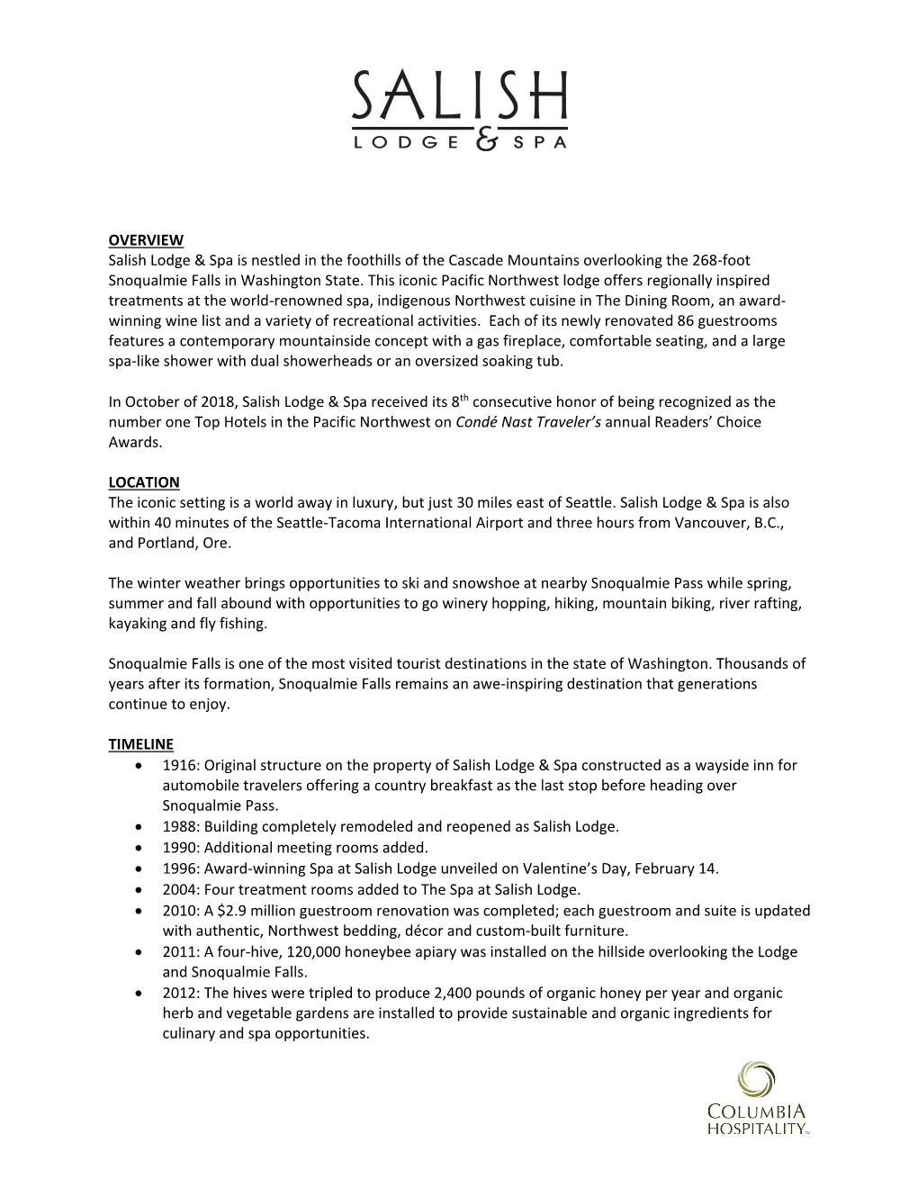 Salish Lodge & Spa Fact Sheet 2019