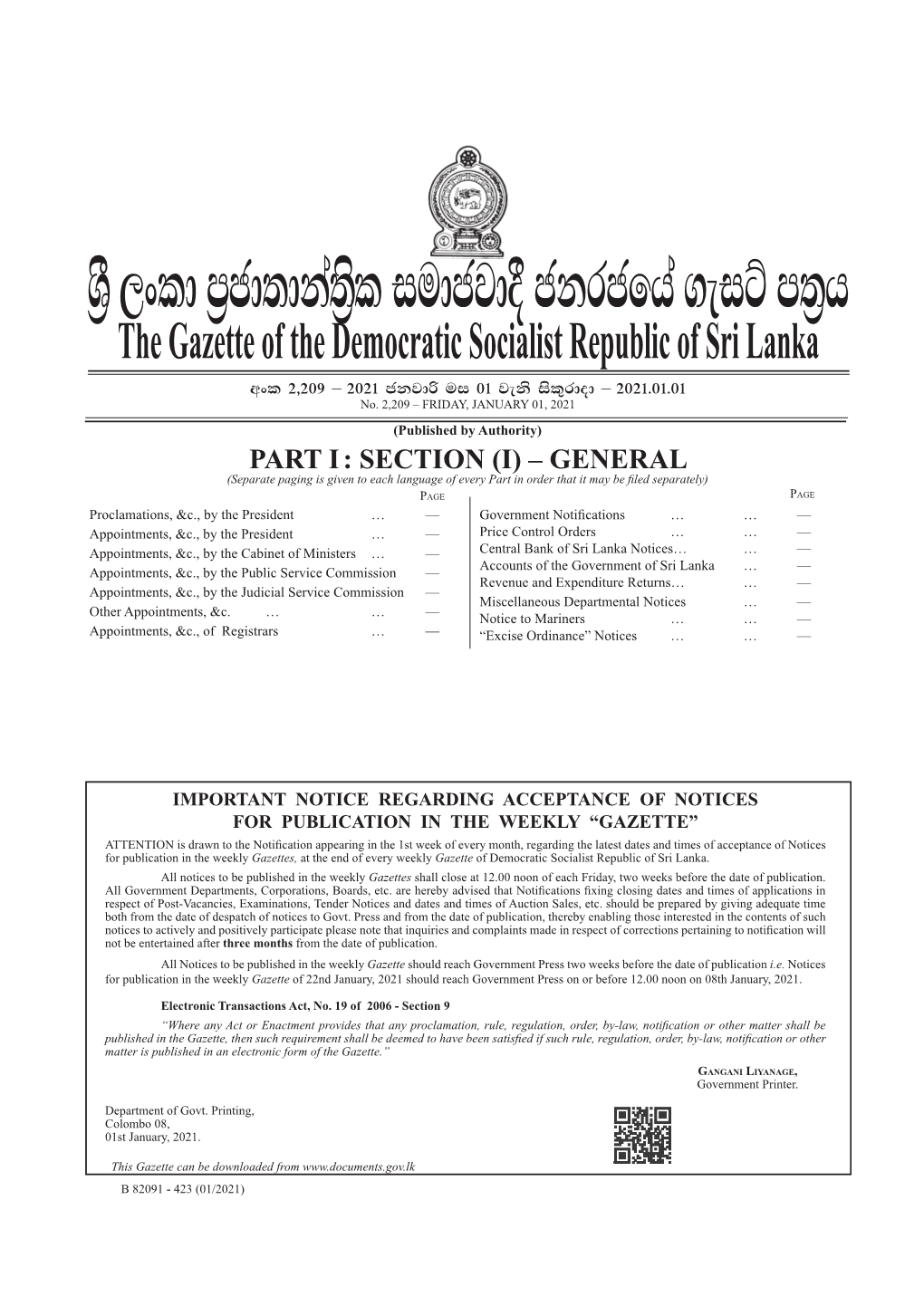 The Gazette of the Democratic Socialist Republic of Sri Lanka Wxl 2"209 – 2021 Ckjdß Ui 01 Jeks Isl=Rdod – 2021'01'01 No
