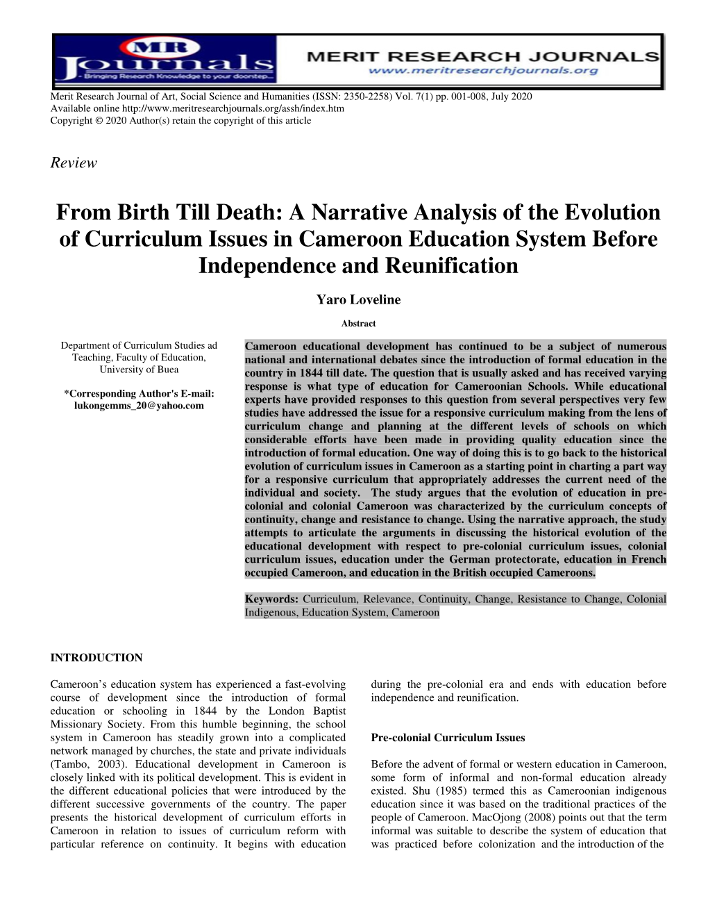 A Narrative Analysis of the Evolution of Curriculum Issues in Cameroon Education System Before Independence and Reunification