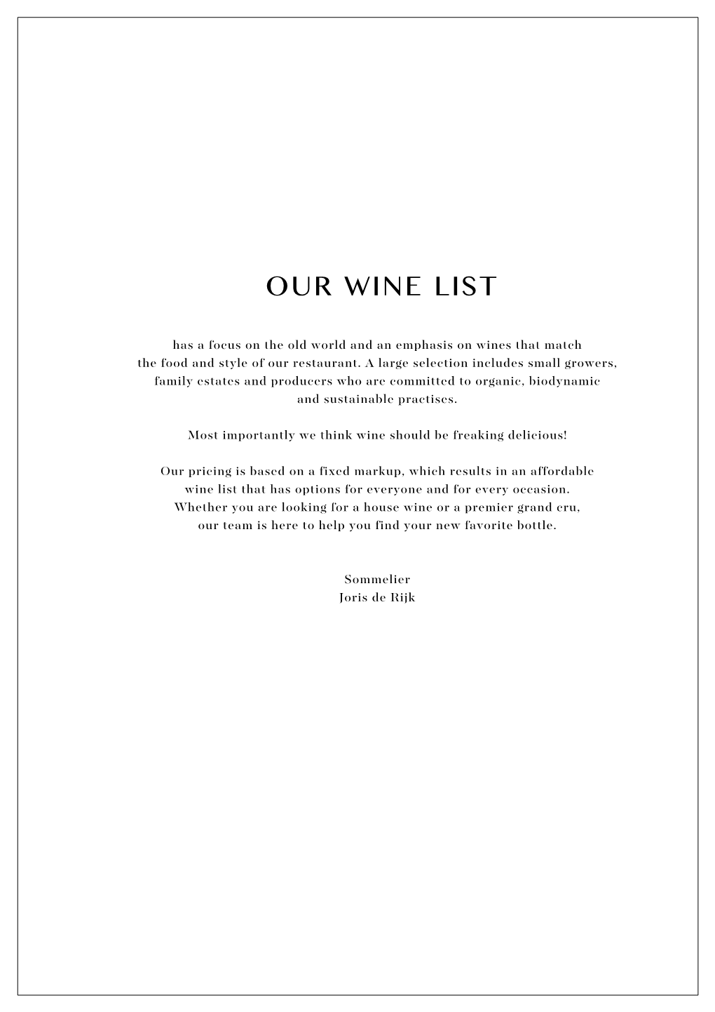 Our Wine List