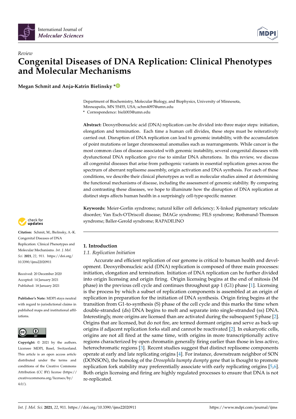 Congenital Diseases of DNA Replication: Clinical Phenotypes and Molecular Mechanisms