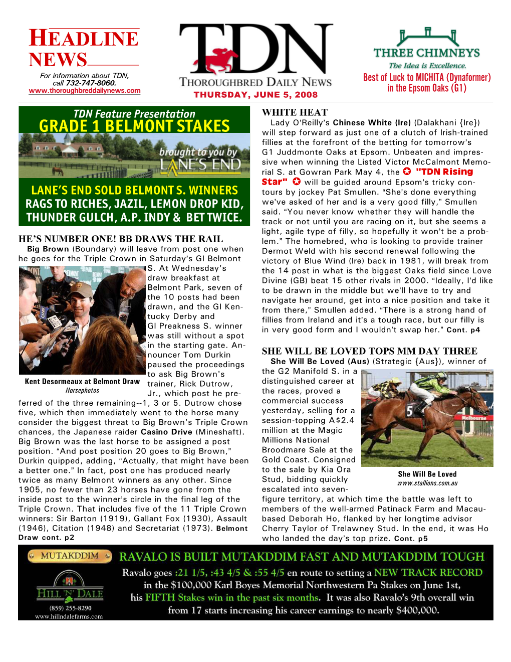 HEADLINE NEWS for Information About TDN, Best of Luck to MICHITA (Dynaformer) Call 732-747-8060