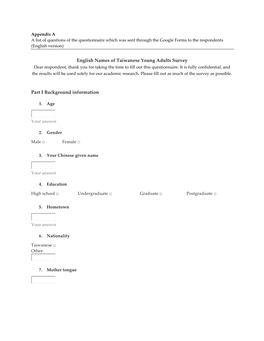 English Names of Taiwanese Young Adults Survey Part I Background