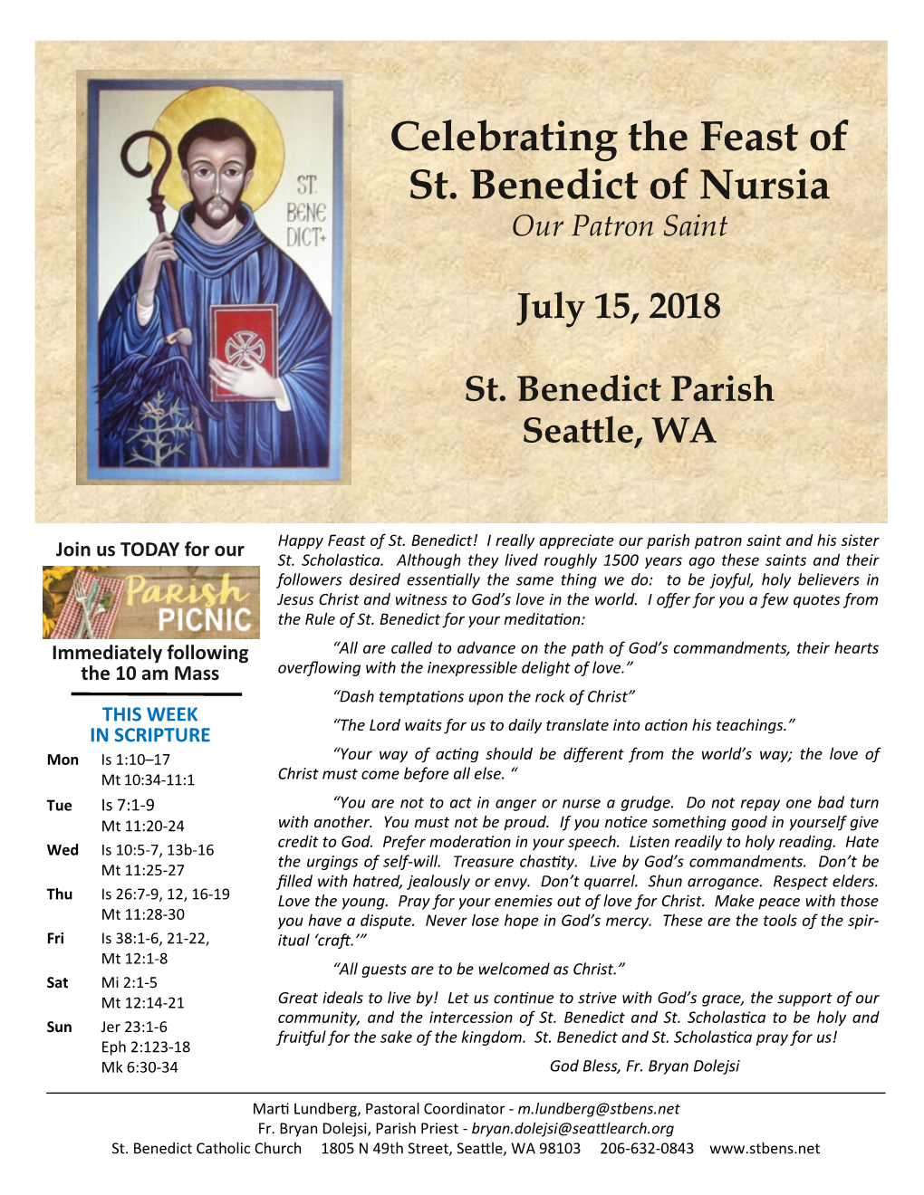 Celebrating the Feast of St. Benedict of Nursia Our Patron Saint