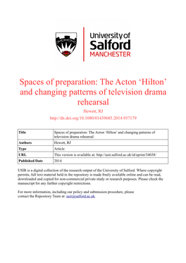 Spaces of Preparation: the Acton 'Hilton' and Changing Patterns of Television Drama Rehearsal