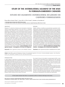 Study of the Anterolateral Ligament of the Knee in Formalin-Embedded Cadavers Estudo Do Ligamento Anterolateral Do Joelho Em Cadáveres Formolizados