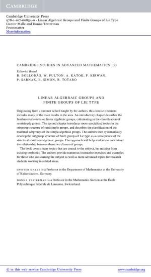 Linear Algebraic Groups and Finite Groups of Lie Type Gunter Malle and Donna Testerman Frontmatter More Information