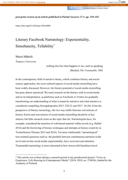 Literary Facebook Narratology: Experientiality, Simultaneity, Tellability1