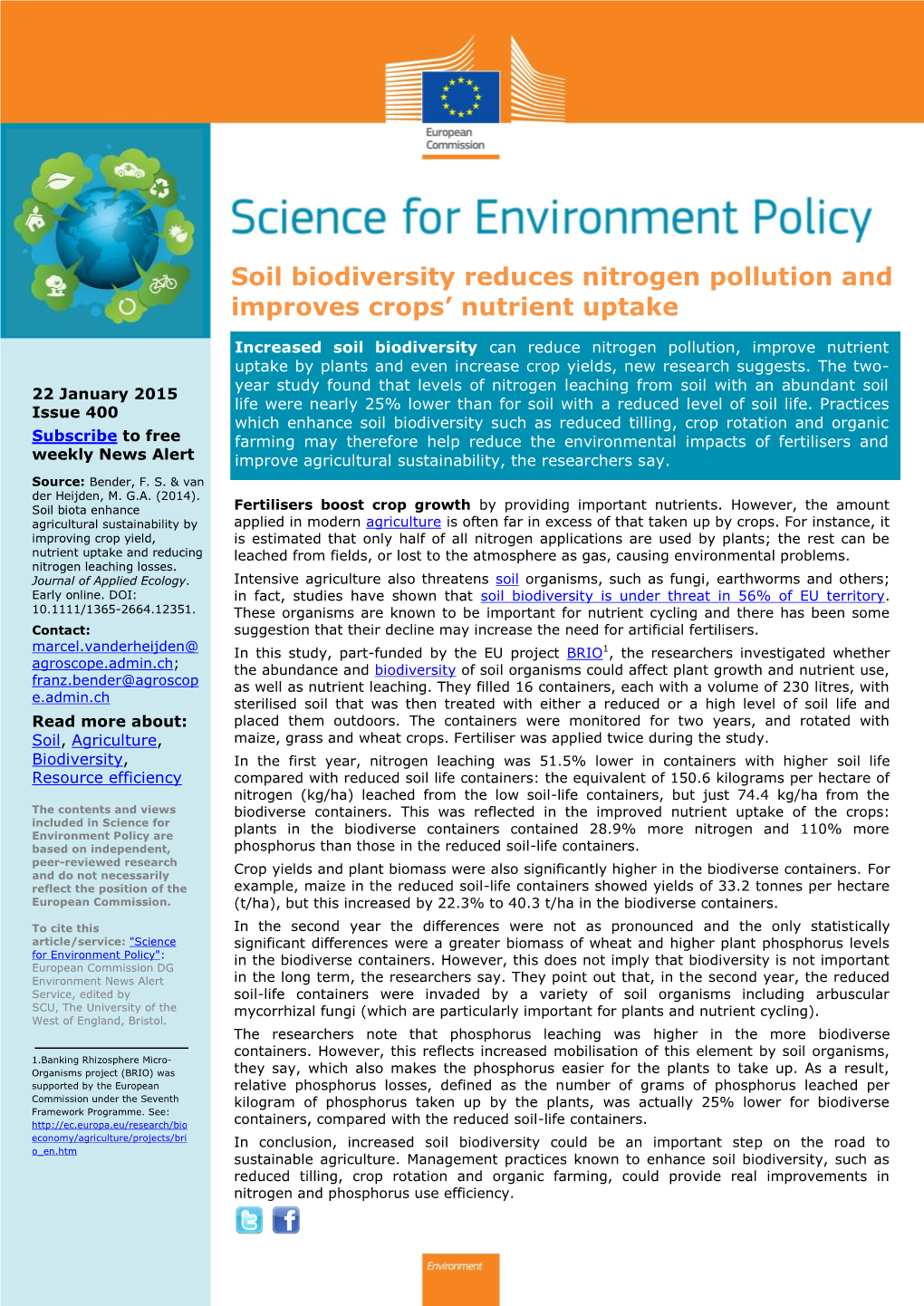 Soil Biodiversity Reduces Nitrogen Pollution and Improves Crops' Nutrient Uptake