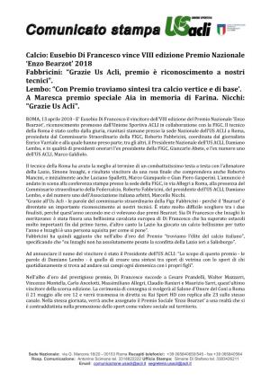 Calcio: Eusebio Di Francesco Vince VIII Edizione Premio Nazionale ‘Enzo Bearzot’ 2018 Fabbricini: “Grazie Us Acli, Premio È Riconoscimento a Nostri Tecnici”