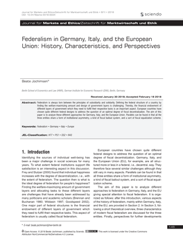Federalism in Germany, Italy, and the European Union: History, Characteristics, and Perspectives