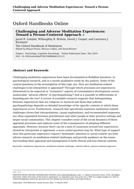 Challenging and Adverse Meditation Experiences: Toward a Person- Centered Approach