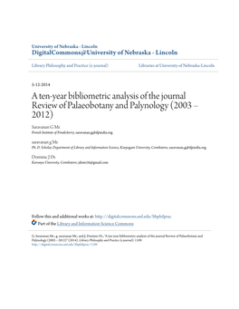 A Ten-Year Bibliometric Analysis of the Journal Review of Palaeobotany and Palynology (2003 – 2012) Saravanan G Mr