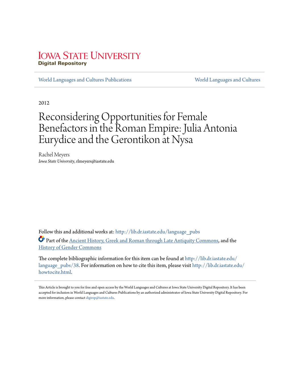 Reconsidering Opportunities for Female Benefactors in the Roman