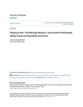 Playing to Win: the Marriage Market in Jane Austen's Northanger Abbey