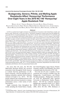 Budagovsky, Geneva, Pillnitz, and Malling Apple Rootstocks Affect ‘Honeycrisp’ Performance Over Eight Years in the 2010 NC-140 ‘Honeycrisp’ Apple Rootstock Trial